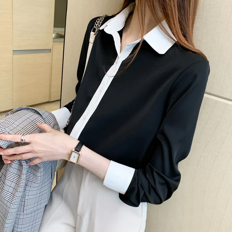 Шифоновая рубашка для офисных работников черный топ с длинным рукавом женская