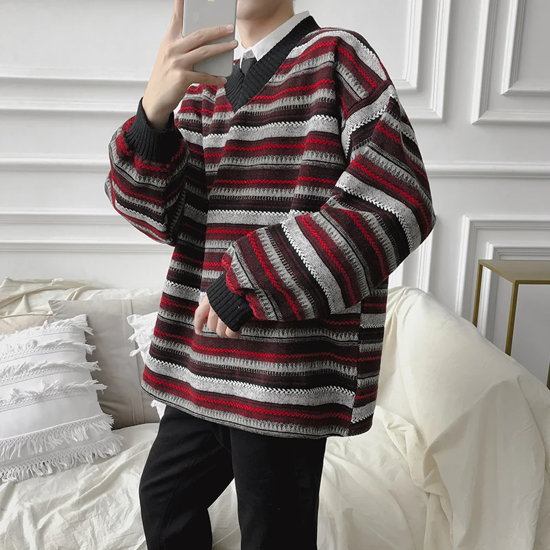 2019 Мужское пальто с принтом в темную полоску флисовый пуловер v-образным вырезом