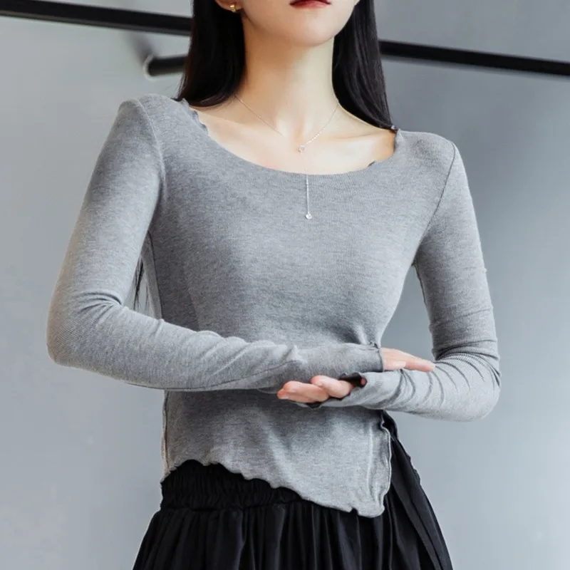 

XUXI Women Irregular Fashion T-shirt Spring Autumn 2021 Long Sleeve Splicing Thin O-Neck Split Fork Slim Top T Shirt E4576