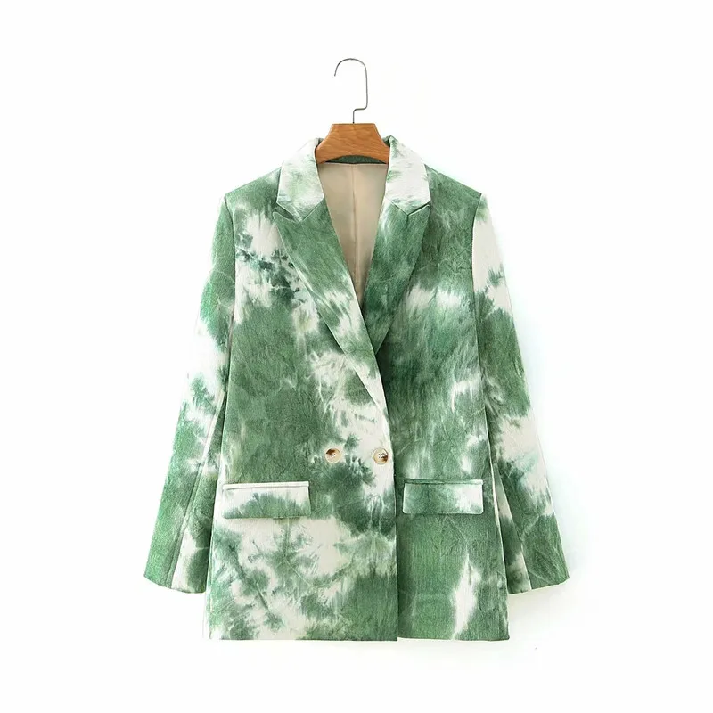 

Women Fashion Double Breasted Tie-dye Print Blazers Coat Vintage Long Sleeve Pockets Female Outerwear Chic Tops