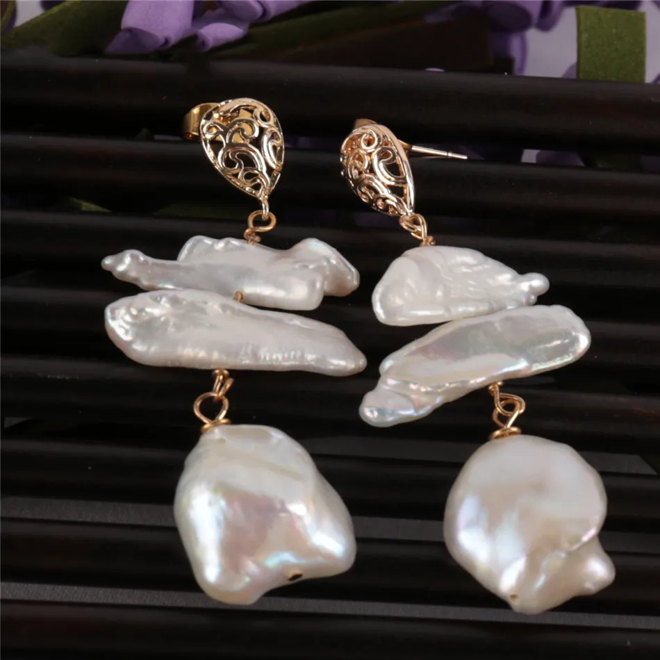 

Elegant Natural White Baroque Pearl Earring 18KGB Ms gift AAA Classic Real Party Dangle Luxury Accessories Jewelry Cultured