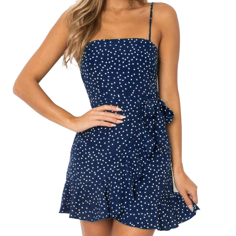 Dark Blue Polkadot платье с запахом и оборками, Женский мини Сарафан на бретелях, лето, сексуальное облегающее платье с открытыми плечами, вечерние платья красного цвета - Цвет: Dark Blue