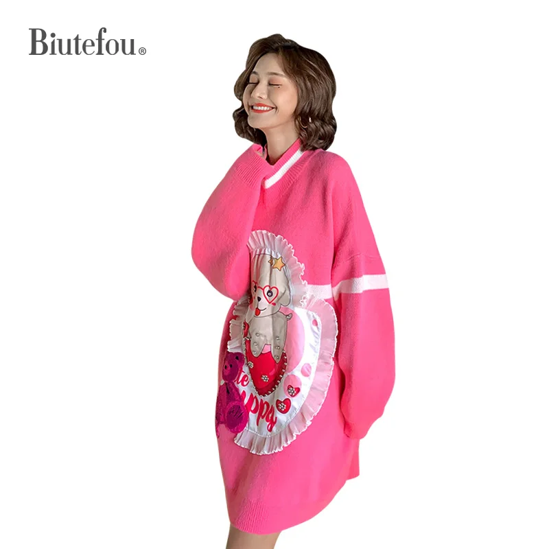 2019 зимние модные длинные вязаные платья с принтом из мультфильма женские