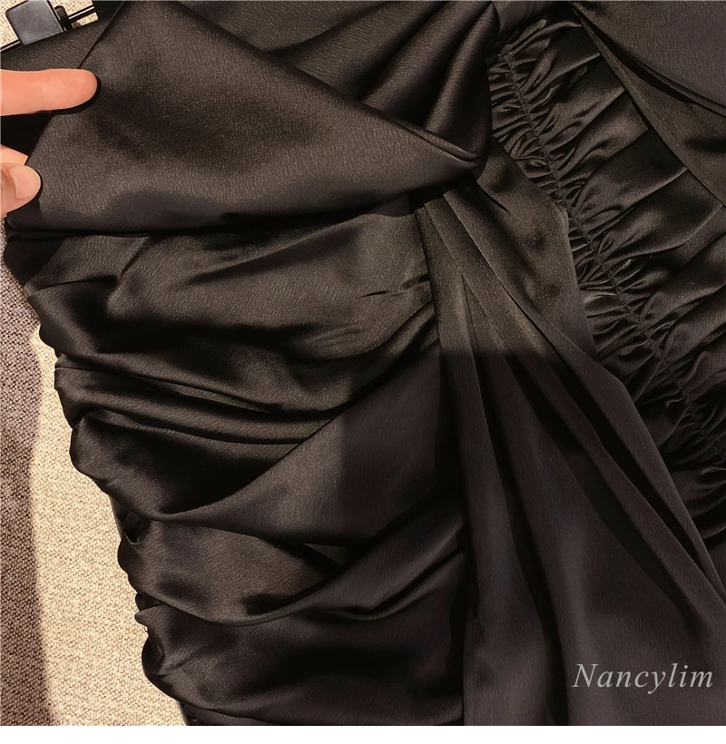 

Black Bow Skirt Womens Pleated Slimming High Waist Satin Skirts Lady Chic Clothes 2021 Spring Nancylim