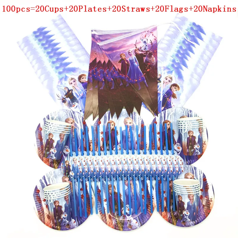 BeiPanXiQiZhi 100pcs 60/90/100 шт наборы бумажной посуды disney «Холодное сердце» 2 платья Эльзы Детский День Рождения Кружки, тарелки, салфетки событие Праздничные баннеры одноразовые расходные материалы - Цвет: BeiPanXiQiZhi 100pcs