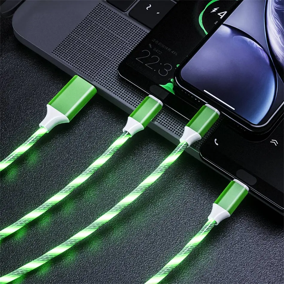 3 в 1 светодиодный светящийся плавный свет usb-кабель для передачи данных и Тип Кабеля C/Micro USB/8 Pin светящиеся Зарядное устройство провод мобильного телефона яркие зарядка PD шнур - Цвет: Green