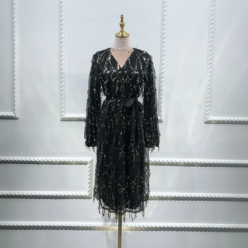 black short dress Блесток абайя Турция исламский, Арабский мусульманский хиджаб платье Caftan Дубай Кафтан Morocco Tesettur Elbise одеяние мусульмане Longue Vestidos - Цвет: black short dress