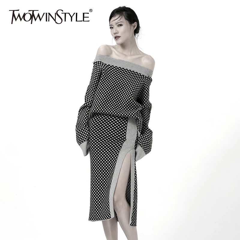 TWOTWINSTYLE трикотажная волнистая точка комплект из двух частей для женщин с длинными рукавами свитера Высокая талия Сторона Сплит юбка осень мода