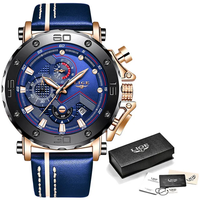 Rose gold blue LIGE новые модные синие мужские часы Топ бренд Роскошные нарядные часы Мужские кварцевые часы повседневные водонепроницаемые часы Relogio Masculino - Цвет: Rose gold blue