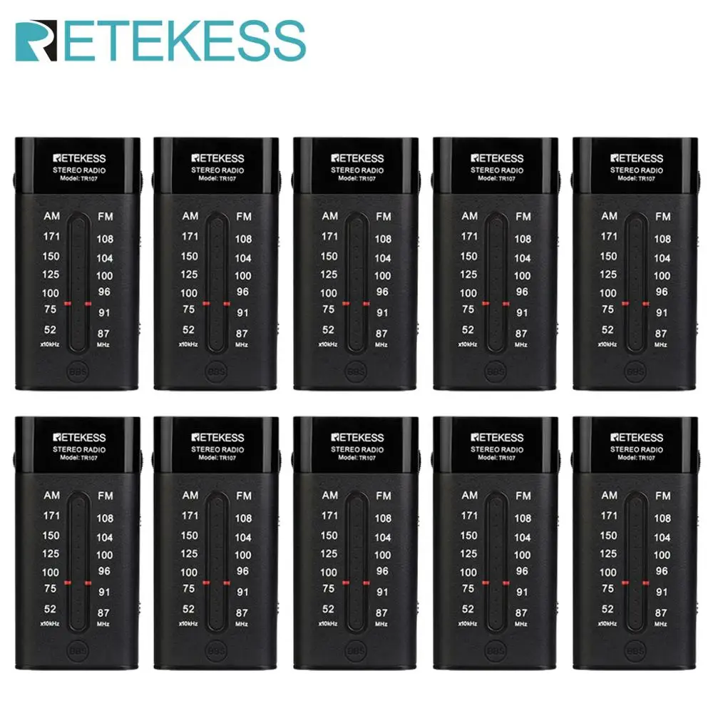 

2023 RETEKESS TR107 10pcs Portable Mini Pocket Radio FM AM Pointer Tuning Stereo Support BBS Mega Bass With Earphone For Walk
