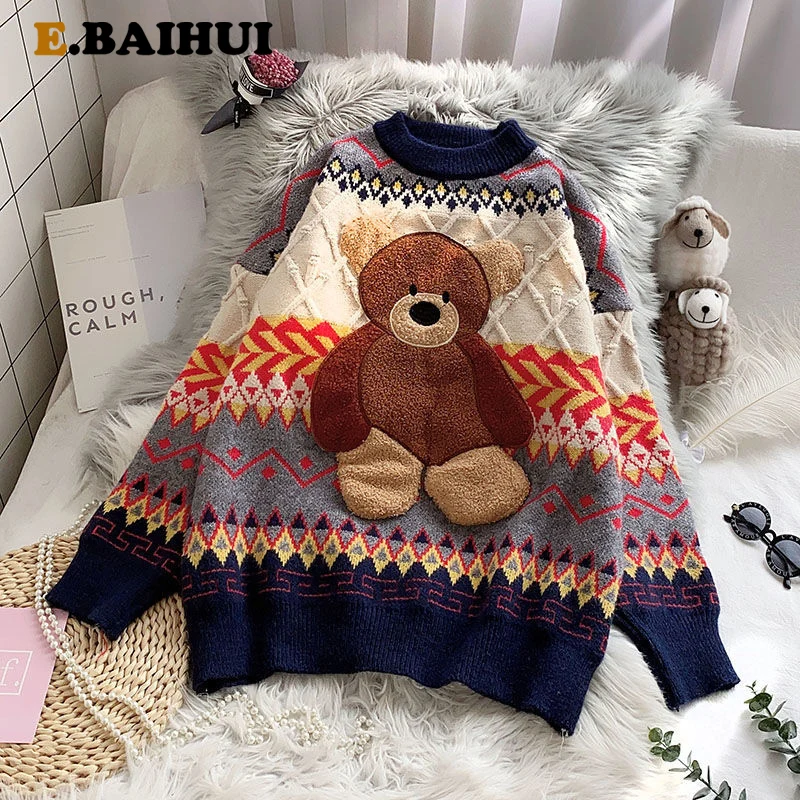 

EBAIHUI Cartoon Print Knitted Sweater Women Autumn Winter 2021 New Korean Lazy Loose Pullover Kawaii Casual Streetwear Tops