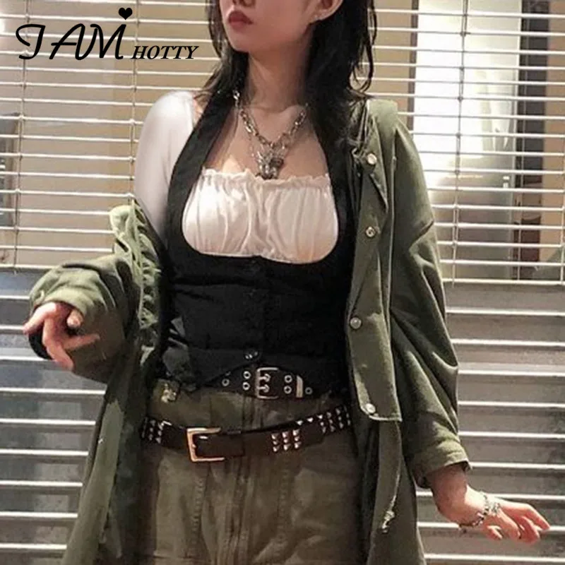 

IAMHOTTY Corset Jacket Vest Patchwork T-shirt Women Gothic Top Tees Long Sleeve Dark Academia Clothes Cute Halter Shirts Korean
