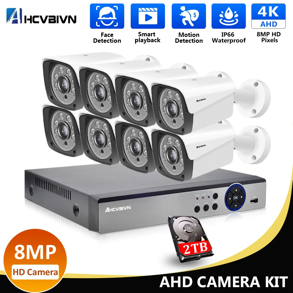 

AHCVBIVN AHD 8CH CCTV System Ultra HD 4K DVR 8MP 2000TVL AHD CCTV Camera set Home Security System Surveillance Kit 2TB