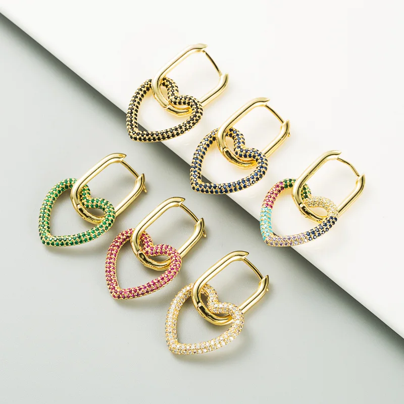 

New Fashion High Quality Heart-shaped Pendant Earrings Copper Plated Inlaid with Color Zircon Earrings