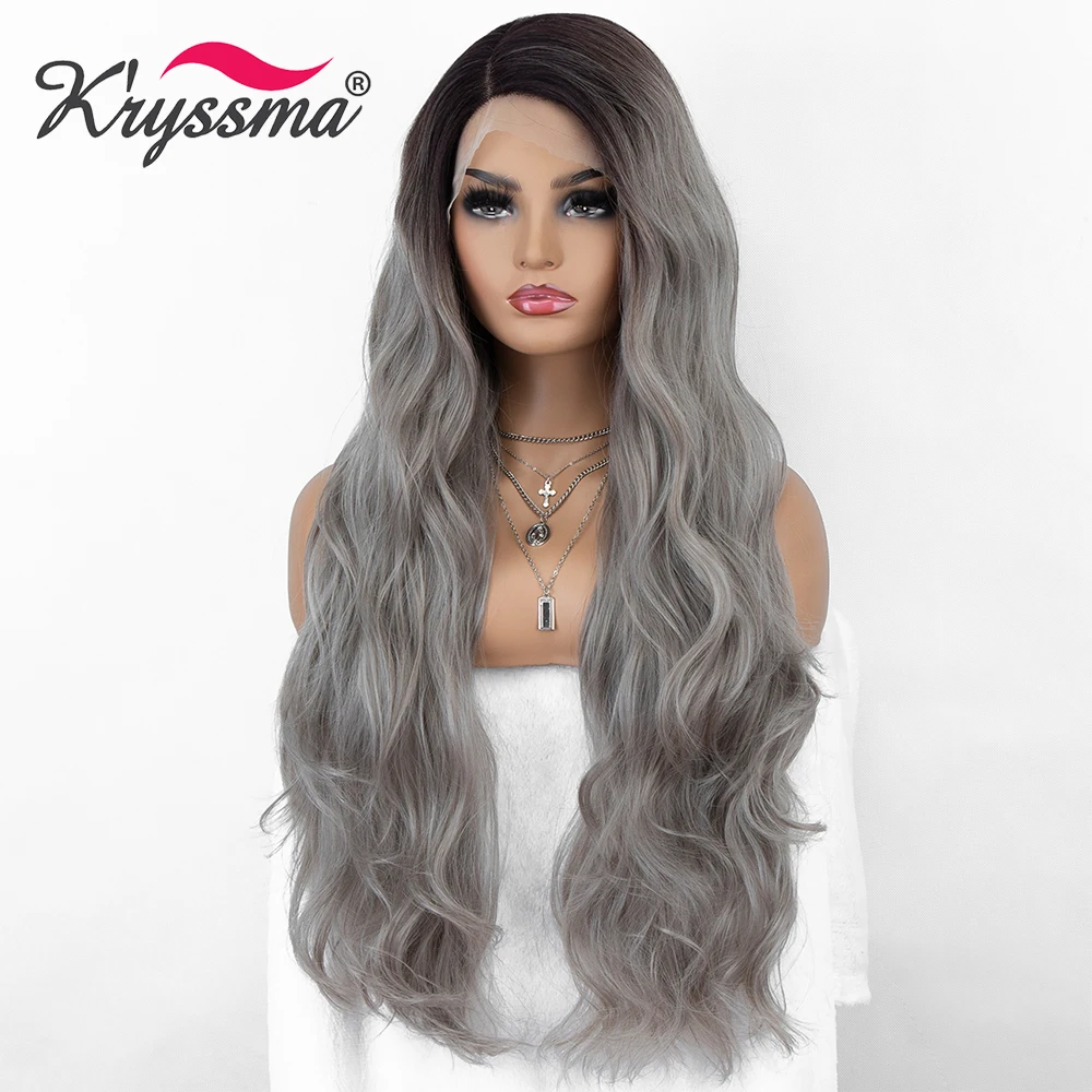 

Kryssma Ombre Grey Lace Front Wig Long Wavy Synthetic Wigs For Women Gray Cosplay Wigs With Black Roots Heat Resistant Fiber