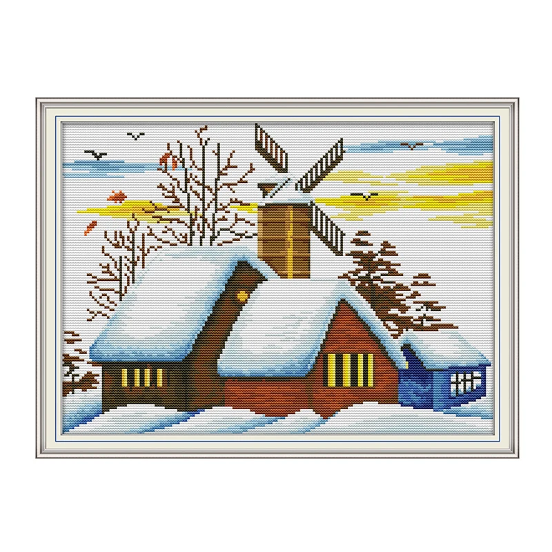 Набор для вышивки крестиком серия с пейзажами зима маленький дом Снежная сцена 14