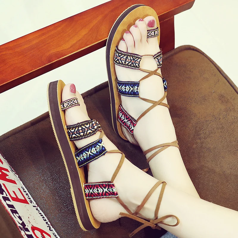 

2021 Fashion Retro Women's Shoes National Style Bandage Roma Sandals Women Comfortable EVA Sole Ladies Sandals Chaussure Femme