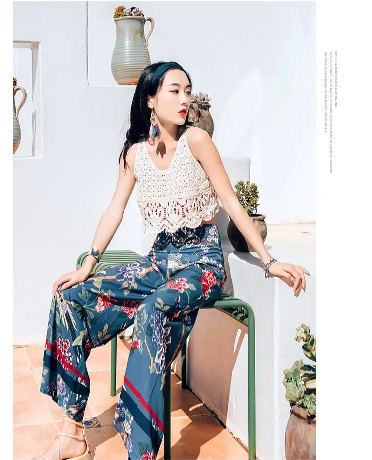 

2021 New Women's Fashion Joker High Waist Loose Pants Flower and Bird Printing Retro Casual Pants Women's Wide Leg Pants