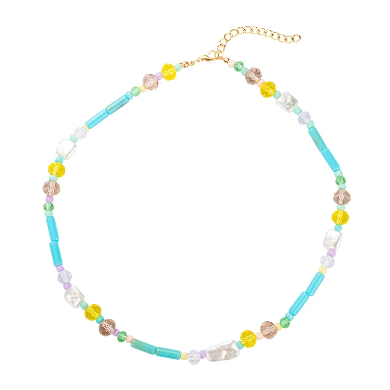 

King Shiny Boho Multi Color Crystal Beaded Choker Necklace Vintage Imitation Pearl Short Clavicle Necklace Girls Party Jewelry