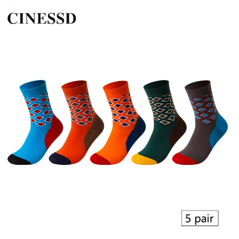 5 Pairs Men Crew Socks New Autumn Winter Business Combed Cotton Rhombus Patchwork Casual Sports Breathable All-match Man Sock