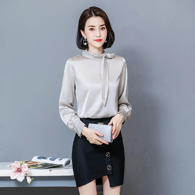 

Women Blouses Long Sleeve Stand Collar Bow Lace-up Korean Silk Blouse Women Shirts Office Plus Size 3XL Women Tops Camisas Mujer