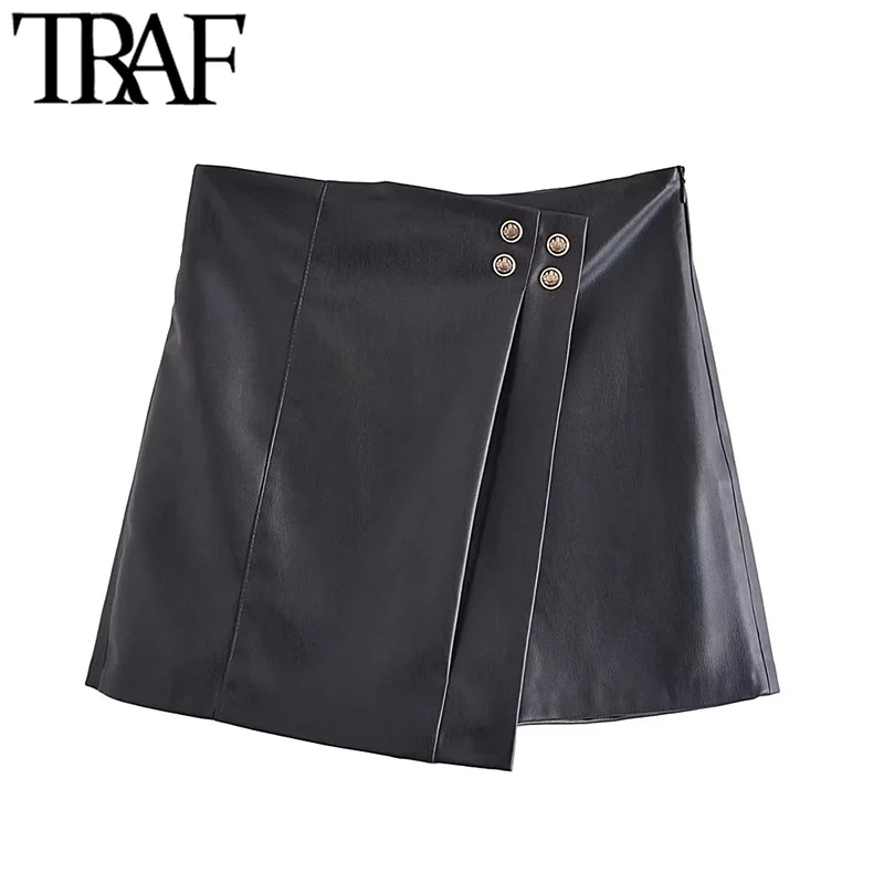 

TRAF Women Chic Fashion With Decorative Buttons Faux Leather Shorts Skirts Vintage High Waist Side Zipper Female Skort Mujer
