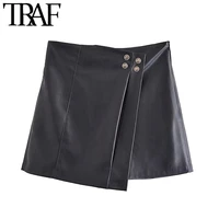 traf women chic fashion with decorative buttons faux leather shorts skirts vintage high waist side zipper female skort mujer
