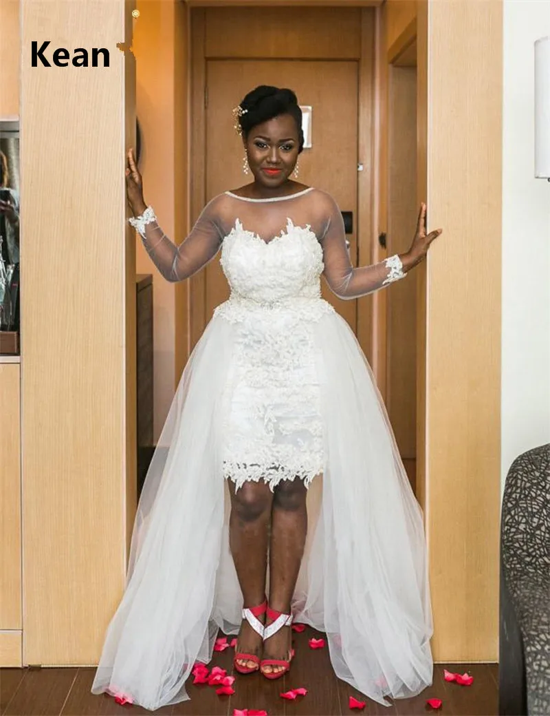 

Full Sleeve Wedding Dress Applique Detachable Train Illusion De Noiva Dubai Arabic Wedding Gown Bride Dress Robe De Mariee