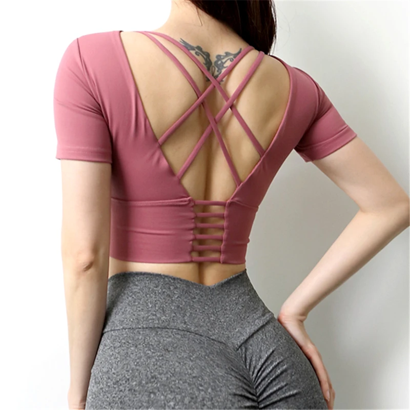 

Oyoo Skinny Crop Top Women Fast Dry Short-sleeve Red Tee Shirt Femme Yoga Gym Clothing White Sport Top with Removable Pads