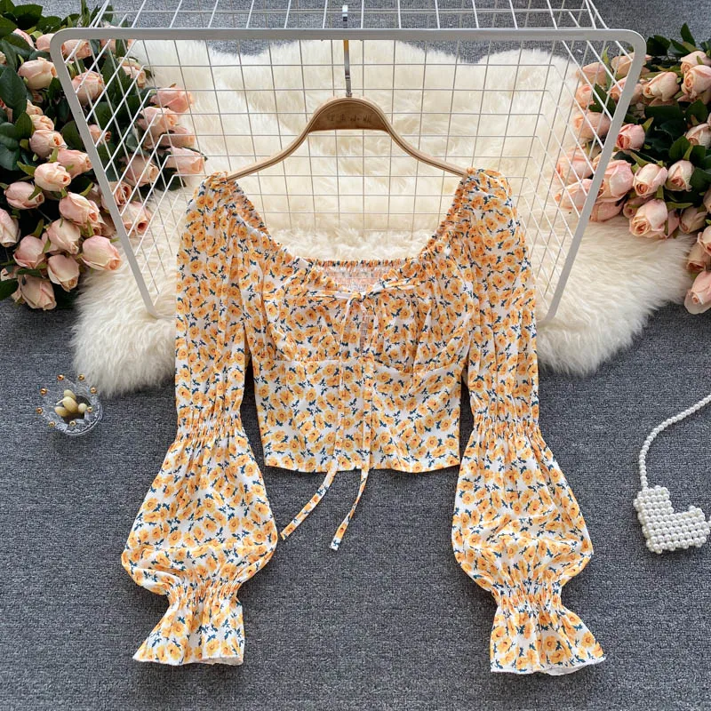 

Women Korean Floral Blouse Sweet Puff Sleeve V Neck Elastic Ruched Slim Tops Summer Bohemian Vacation Short Sundress
