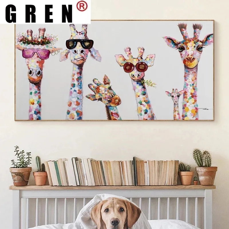 

GREN Cute Cartoon Art Absstract Giraffes Birds Posters Wall Art Pictures for Children's Living Room Canvas Painting Home Decor