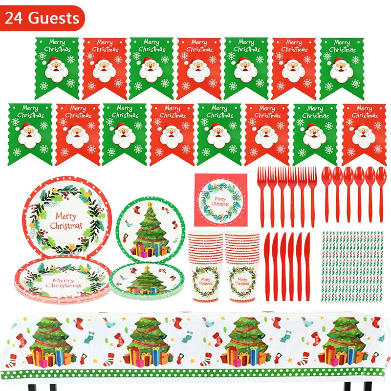 

Christmas Theme Santa Claus Disposable Tableware Paper Cup Plate Napkin Tablecloth Merry Christmas Birthday Tableware Dinner Set