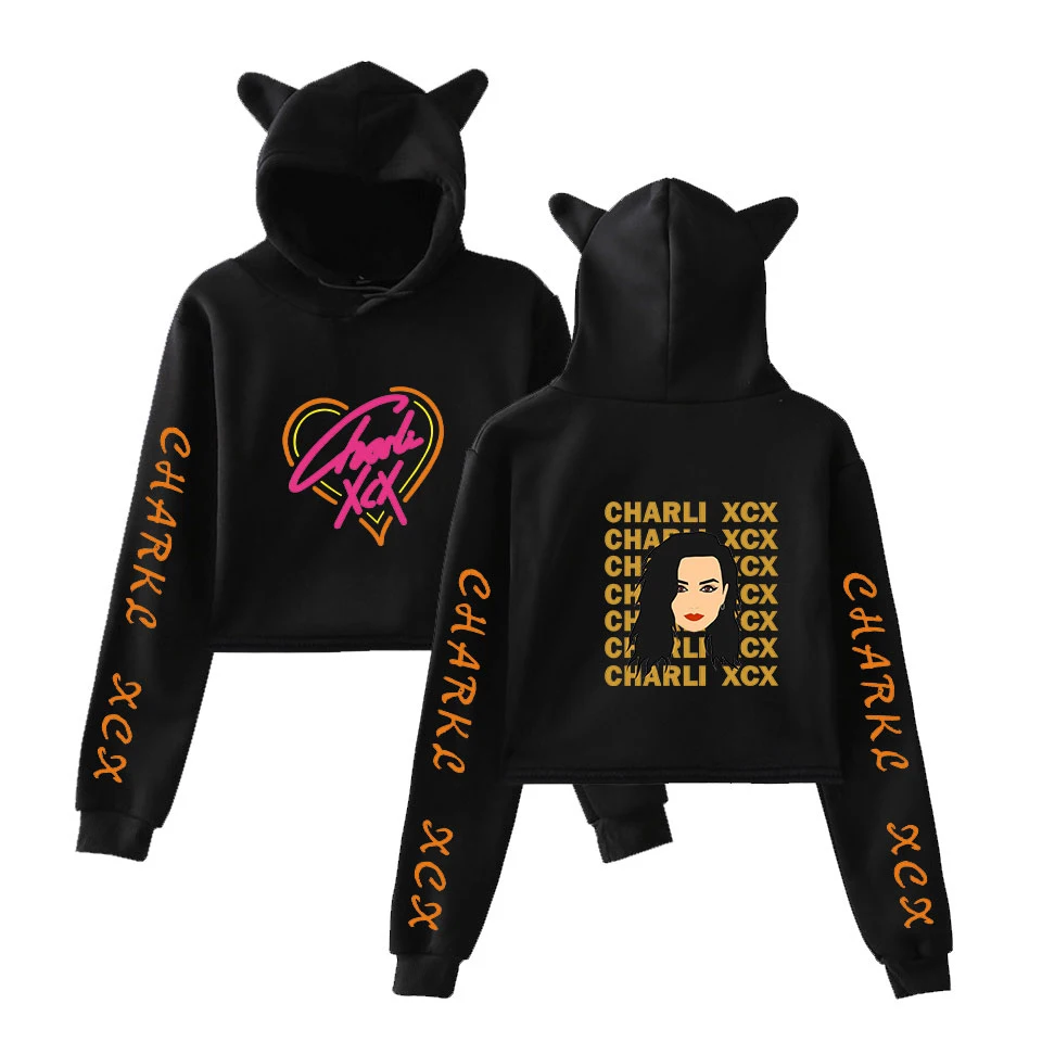 

Black Autumn Charli XCX Hoodies Women Pop Crop Top Hoodies Cat ears Sweatshirt Hoodie Women girls casual suitable Pullovers