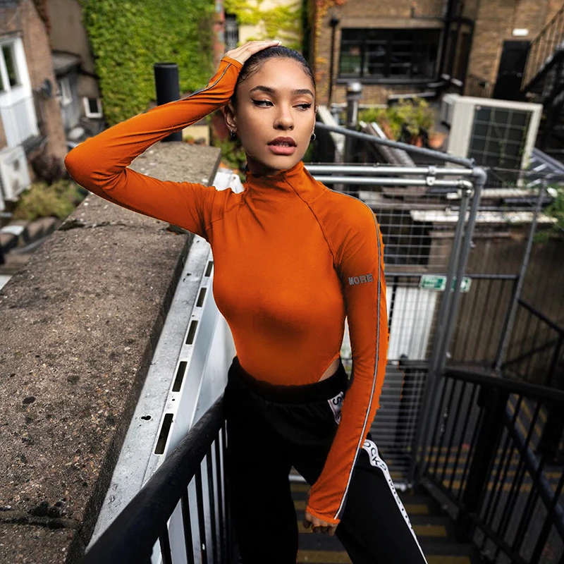 Sexy Lady's Bodysuit with Reflective Letter Pattern Long Sleeve Middle Collar Top with Thongs for Spring and Autumn