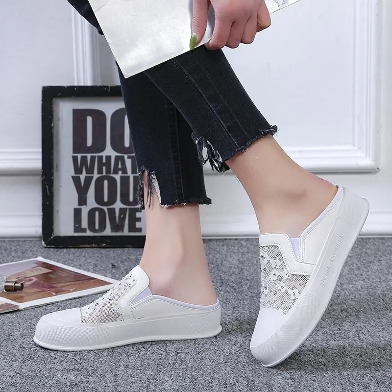 

Shoes Woman 2021 Slippers Flat Glitter Slides Cover Toe Increased Internal Pantofle Med Loafers On A Wedge Jelly New Cotton Fabr