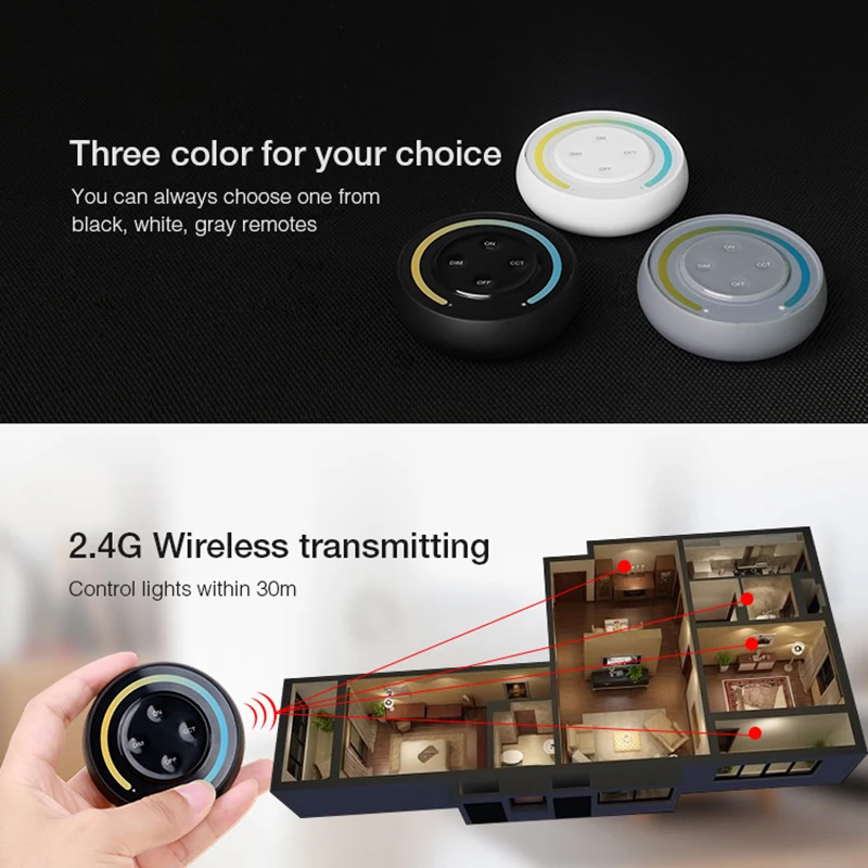 

Miboxer Color Temperature Round Dimmer switch 2.4G Sunrise Remote White/Black/Gray color 3V Dual White LED Bulb Lamp Controller