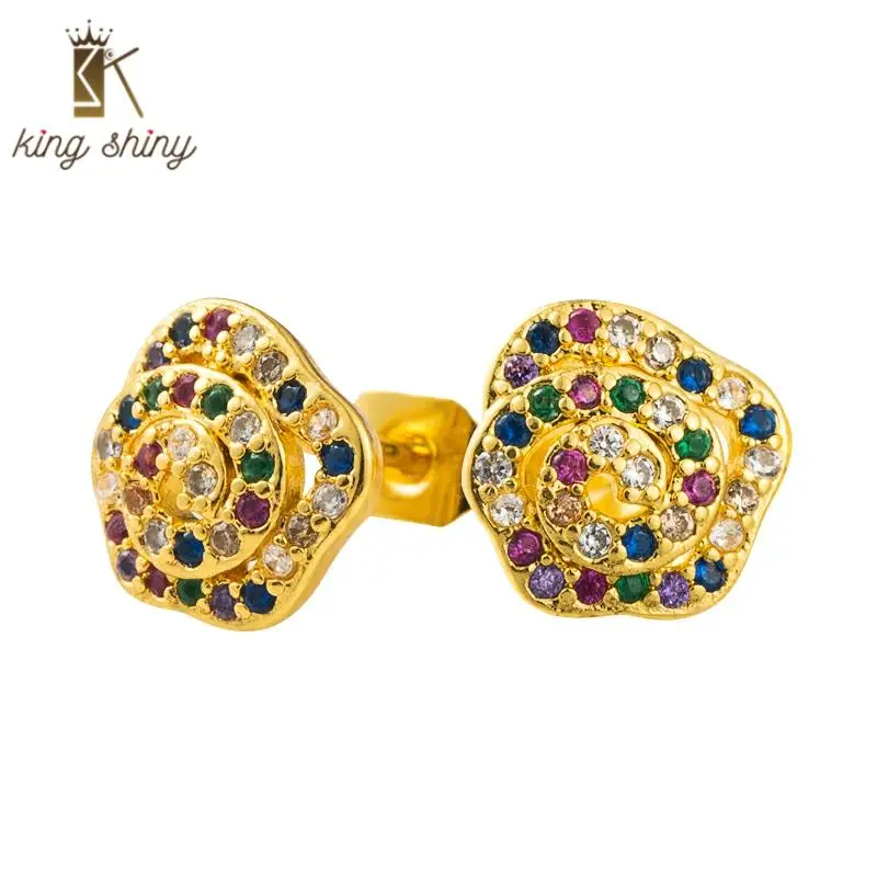 

Elegant Rainbow Rose Shape Copper Stud Earrings for Woman Luxury Colorful CZ Cubic Zirconia Pave Small Earring Party Ear Jewelry
