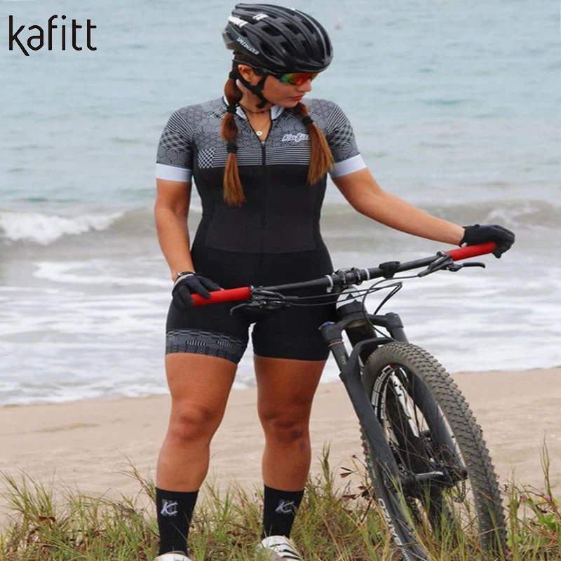 

kafitt Pro Team Triathlon Set Women's Cycling Jersey One Piece Jumpsuit Short Sleeve Macaquinho Ciclismo Feminino Set Gel Pad