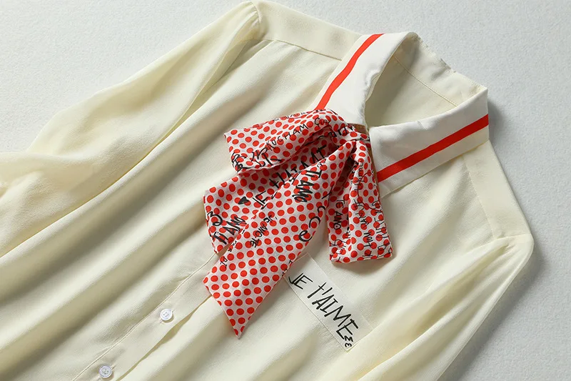 

European and American women's dresses for spring 2021 Long-sleeved polka dot printed bow lapel Fashion silk shirt