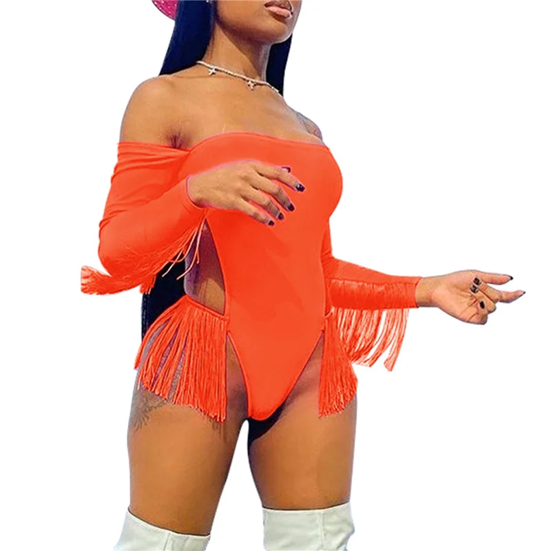 

Women's Fluorescent Solid Color Swimsuit Long Sleeve Off-shoulder Backless Tassels Decoration Swimwear Women One-piece Swimsuit