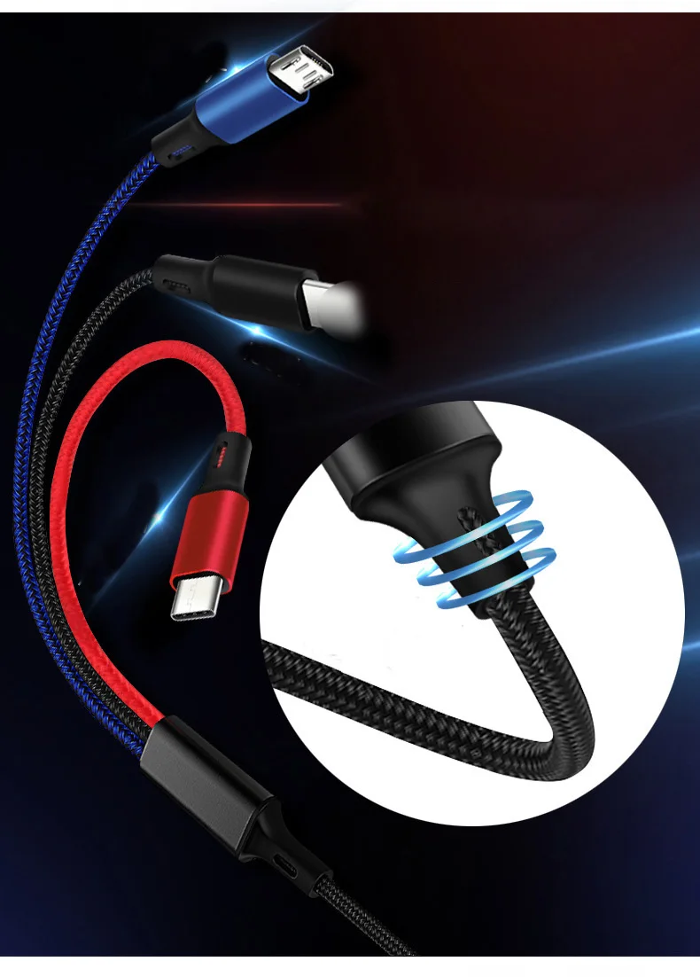 3 в 1 USB кабель Быстрая зарядка кабель для передачи данных для iPhone XS Max XR X 8 7 кабель зарядного устройства микро-usb type-c кабель для samsung S9 s8 нейлон