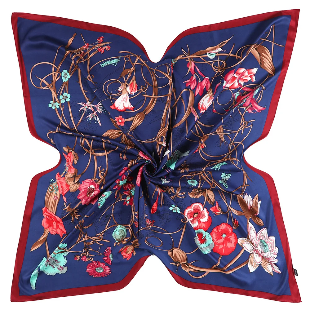 

2021 Women's Silk Scarf Women Luxury 130*130CM Insect Plant Pattern Bandana Shawl Large Square Scarves Sunscreen Scarf S12