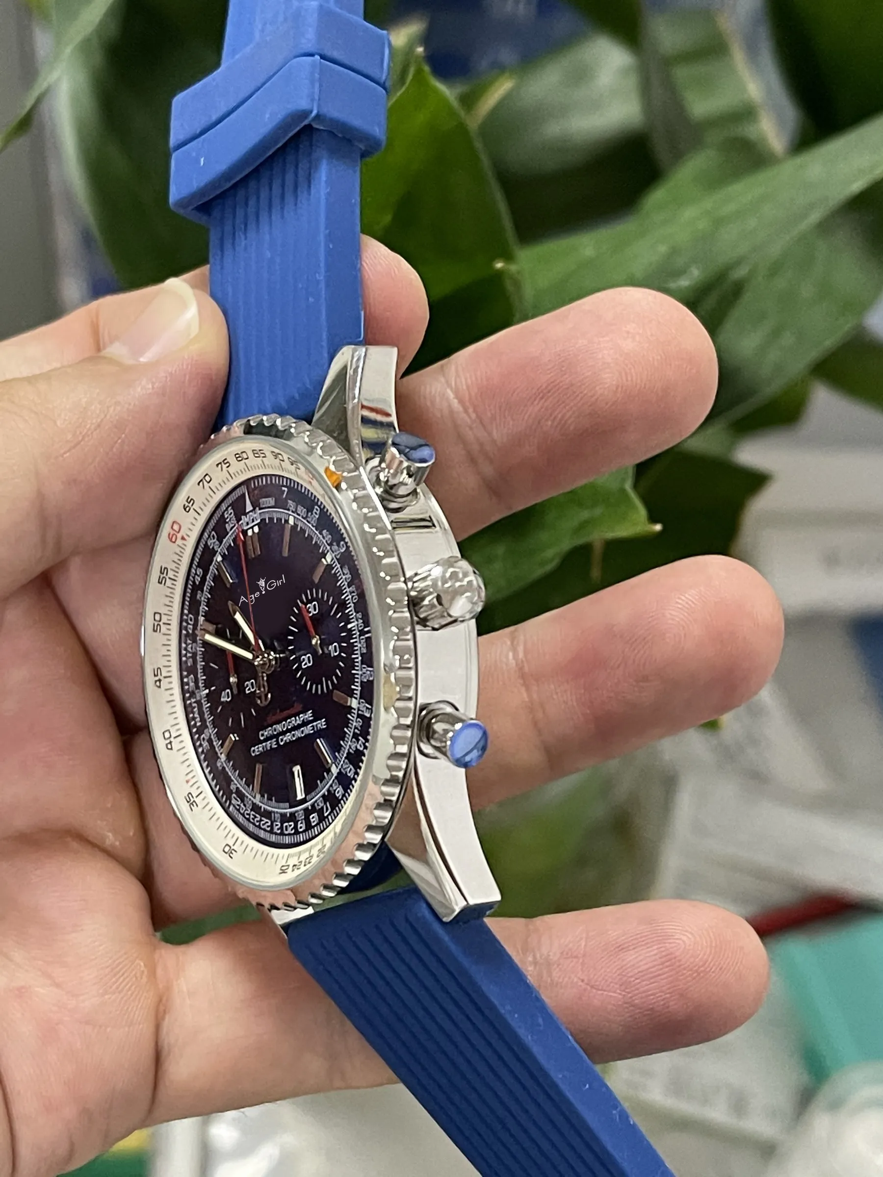 

Luxury New Men Quartz Chronograph Chronometer Stopwatch Black Blue Rubber Leather Stainless Steel Sapphire Glass Date Watch 46mm