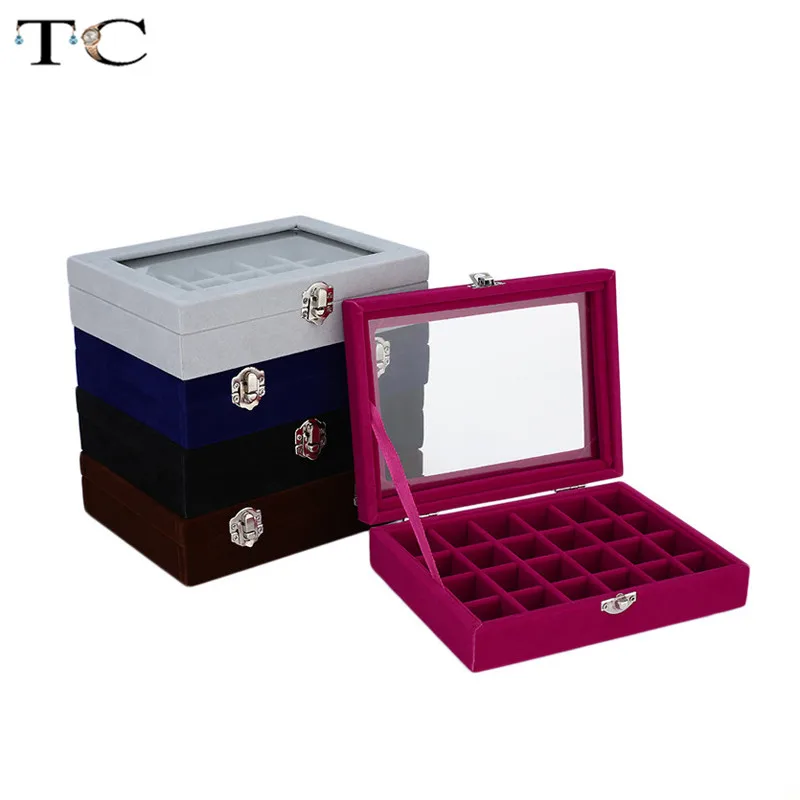 Бархатная шкатулка для ювелирных украшений с 24 ячейками и стеклянным покрытием
