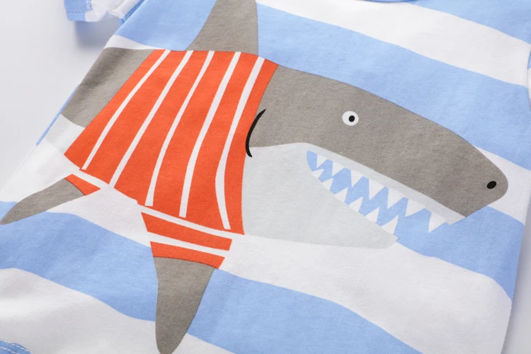 

Little Maven New Summer Children Sky Blue Striped Shark Printed O-neck Short- sleeved 2-7 Cotton Knitted Boys Casual Tshirts Tee
