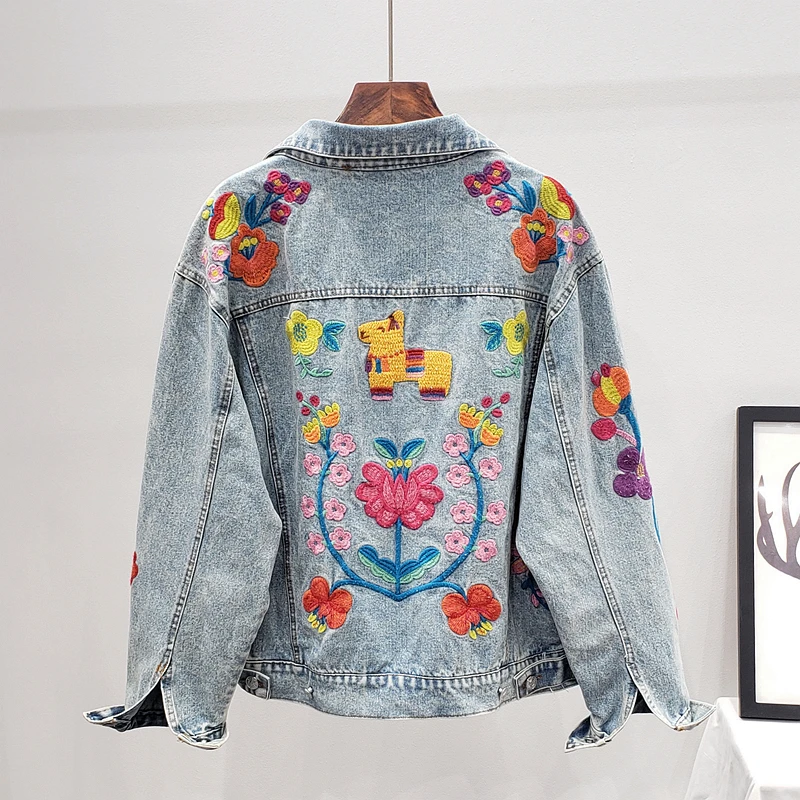 

2020 Spring Autumn Embroidery Denim Jacket Women Long Sleeve Vintage Jeans Coat Streetwear Loose Ladies Bomber Jacket Tide G063
