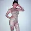 

Rhinestones Nude Bling Bling Outfit For Women Adult Sexy Sparkly Silver Bodysuit Clubwear