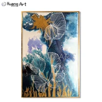 handmade water dyeing skill abstract gold painting on canvas modern white striped flower oil painting for wall art decor picture