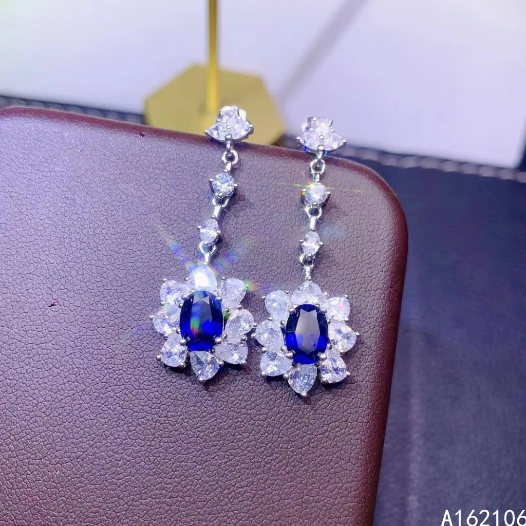 Fine Jewelry 925 Pure Silver Chinese Style Natural Sapphire Girl Luxury Lovely Plant Gemstone Earrings Eardrop Support Detection