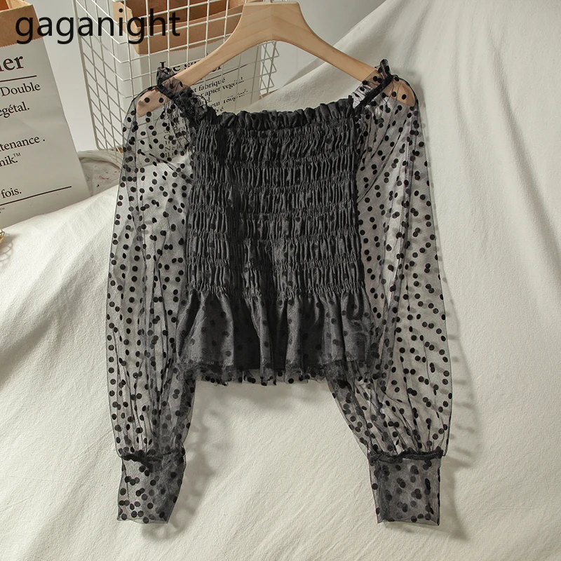 Gaganight пикантная женская блузка в горошек с длинным рукавом Укороченная рубашка